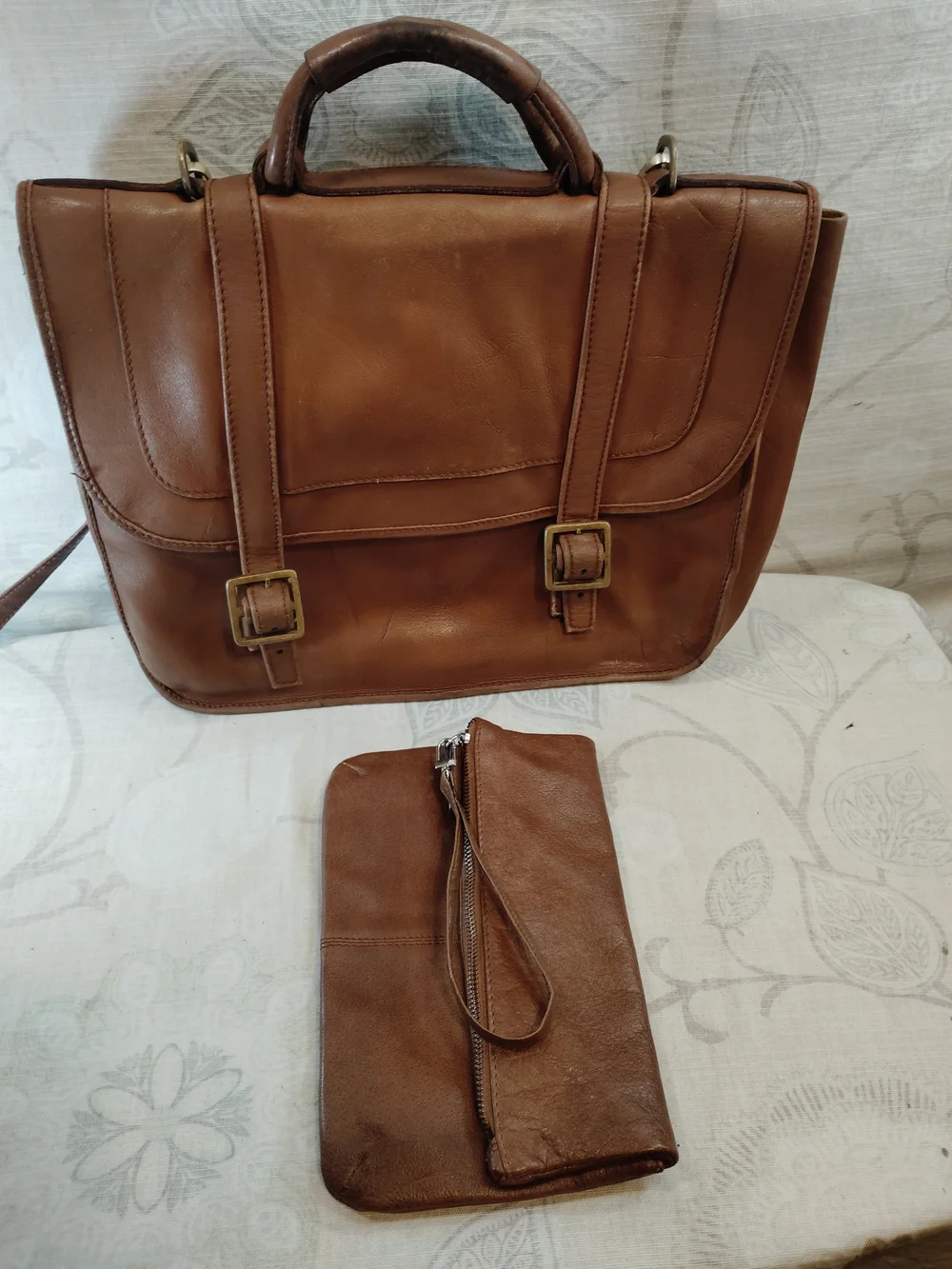 Genuine Leather Messenger/Crossbody Bag in Brown with Pouch/Wristlet Clutch